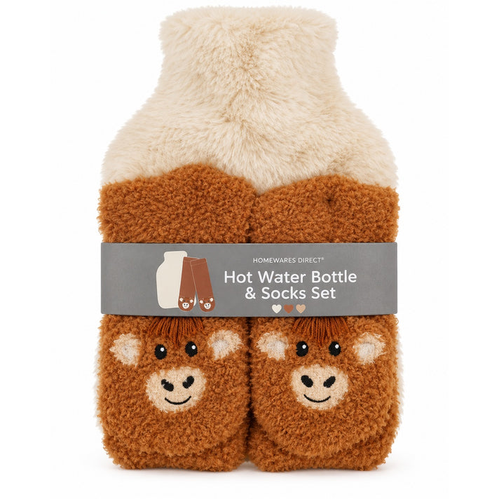 Highland Cow Novelty Hot Water Bottle &amp; Socks Pamper Gift Set - Brown 8762472 1