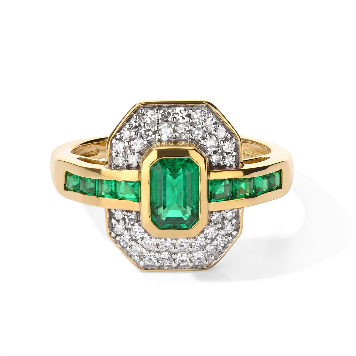 Luxuriant - AAA Gemfields Zambian Emerald &amp; Lab Grown Diamond (SI/G-H) Art Deco Halo Ring in 18K Vermeil Yellow Gold Plated Sterling Silver 1.20 Ct. 8762871 0