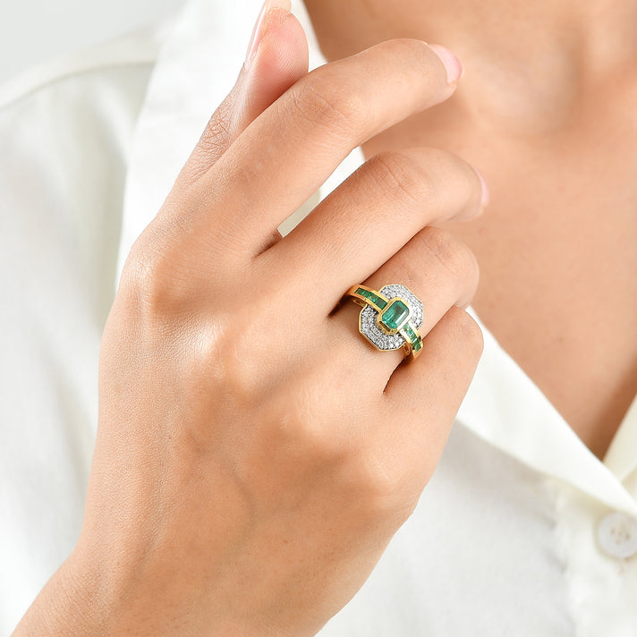 Luxuriant - AAA Gemfields Zambian Emerald &amp; Lab Grown Diamond (SI/G-H) Art Deco Halo Ring in 18K Vermeil Yellow Gold Plated Sterling Silver 1.20 Ct. 8762871 2
