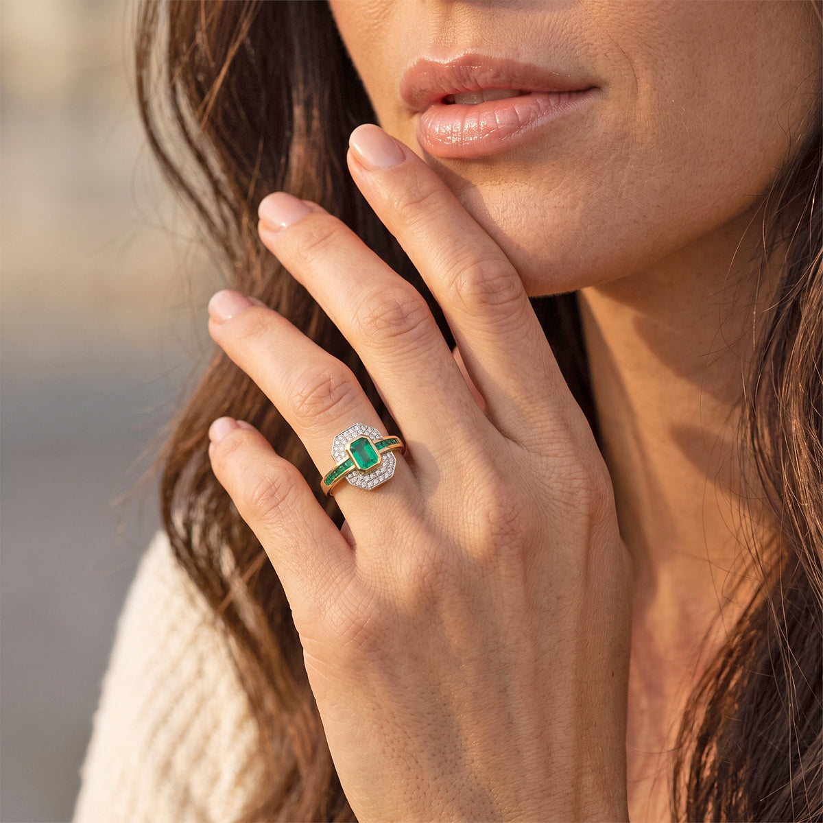 Luxuriant - AAA Gemfields Zambian Emerald &amp; Lab Grown Diamond (SI/G-H) Art Deco Halo Ring in 18K Vermeil Yellow Gold Plated Sterling Silver 1.20 Ct. 8762871 3