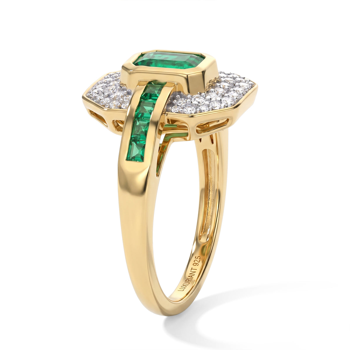 Luxuriant - AAA Gemfields Zambian Emerald &amp; Lab Grown Diamond (SI/G-H) Art Deco Halo Ring in 18K Vermeil Yellow Gold Plated Sterling Silver 1.20 Ct. 8762871 4