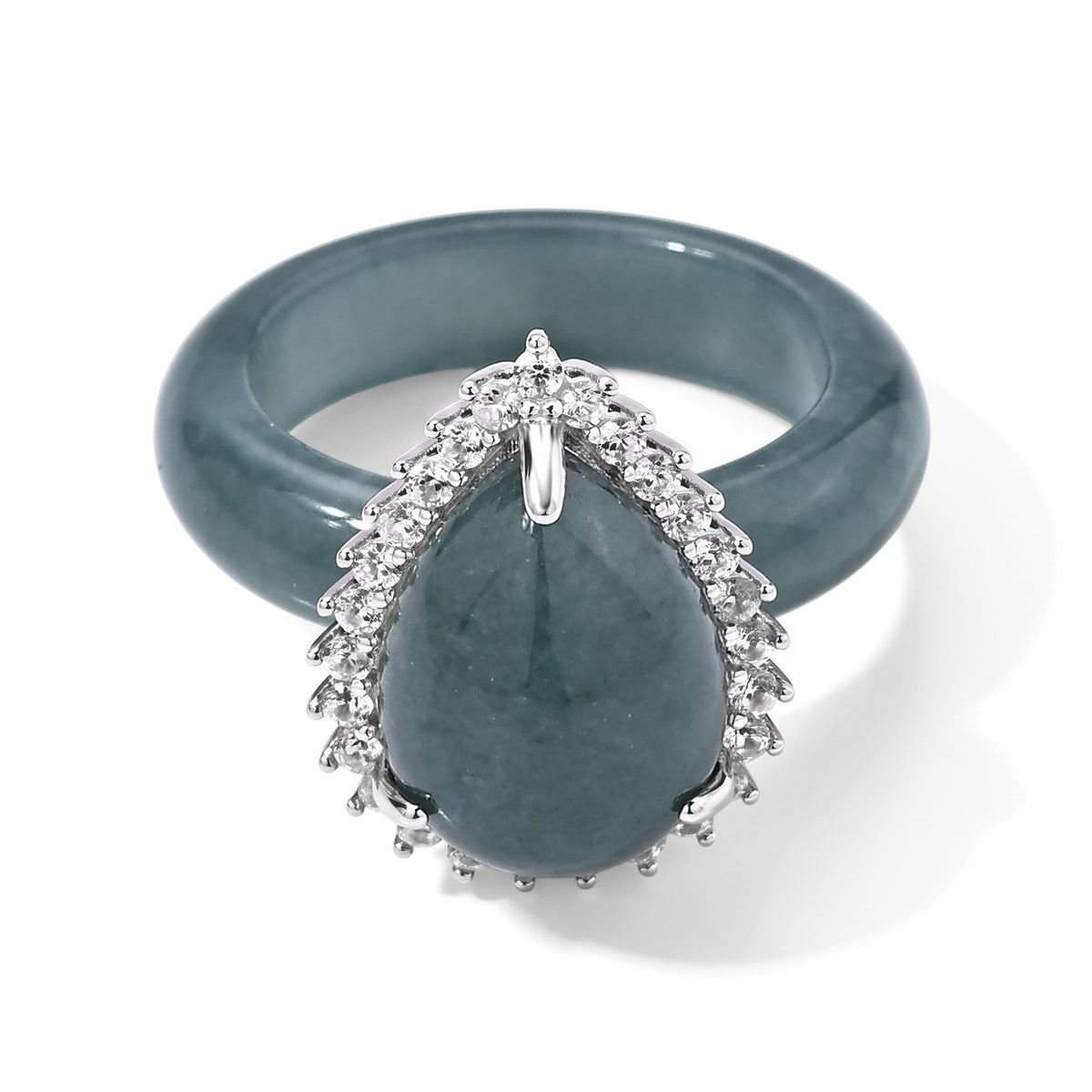 D'Joy Olmec Jadeite, White Zircon Main Stone With Surrounding Stone Ring in Rhodium OverlaySterling Silver  19.440  Ct. 8762954 0