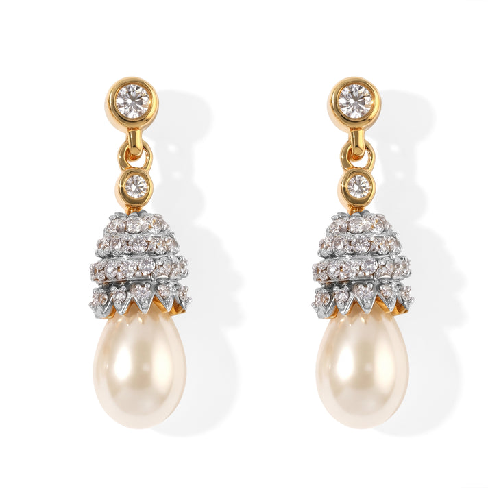 D'Joy - Fresh Water Pearl &amp; White Zircon Dangling Earring with Push Post in Yellow Gold Plated Sterling Silver 4.30 Ct. 8763168 1