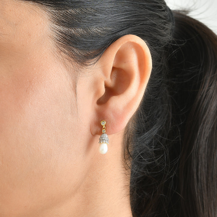D'Joy - Fresh Water Pearl &amp; White Zircon Dangling Earring with Push Post in Yellow Gold Plated Sterling Silver 4.30 Ct. 8763168 2