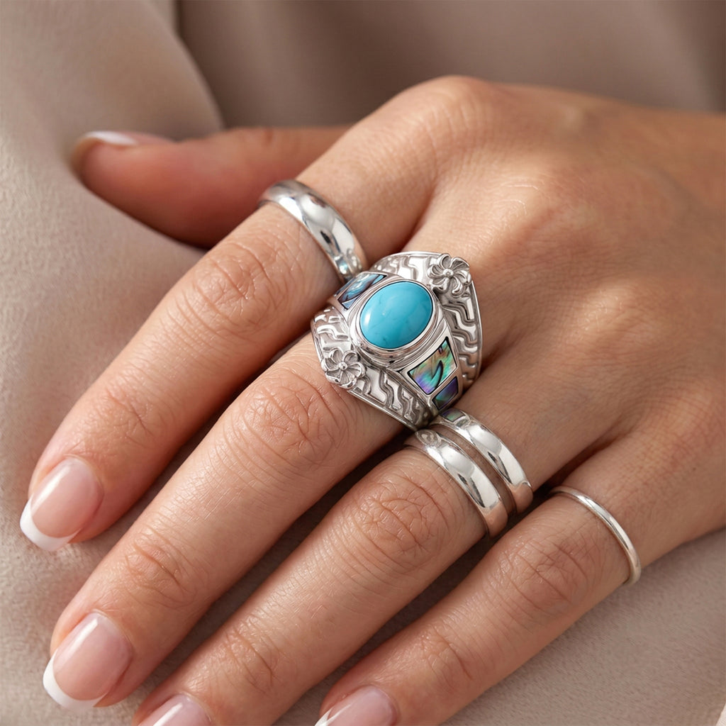 Royal Bali Collection - D'Joy Blue Turquoise & Abalone Shell Ring in Sterling Silver 3.36 Ct._8767422_2