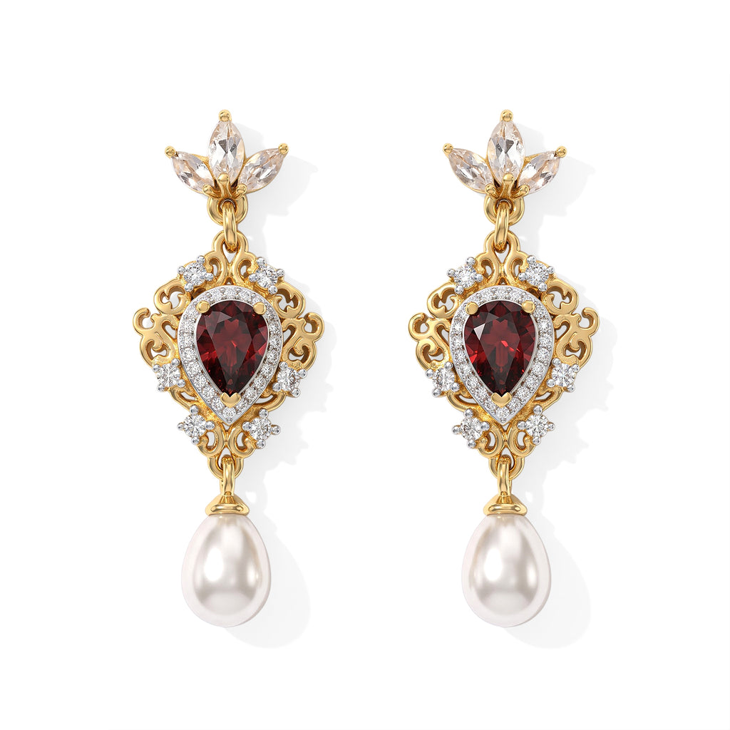 D'Joy - Fresh Water Pearl, Rhodolite Garnet & White Zircon Dangling Earring with Push Back in Yellow Gold Plated Sterling Silver 7.30 Ct._8767831
