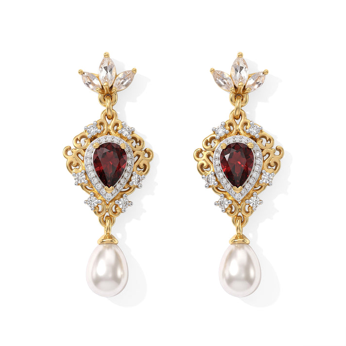 D'Joy - Fresh Water Pearl, Rhodolite Garnet &amp; White Zircon Dangling Earring with Push Back in Yellow Gold Plated Sterling Silver 7.30 Ct. 8767831 1