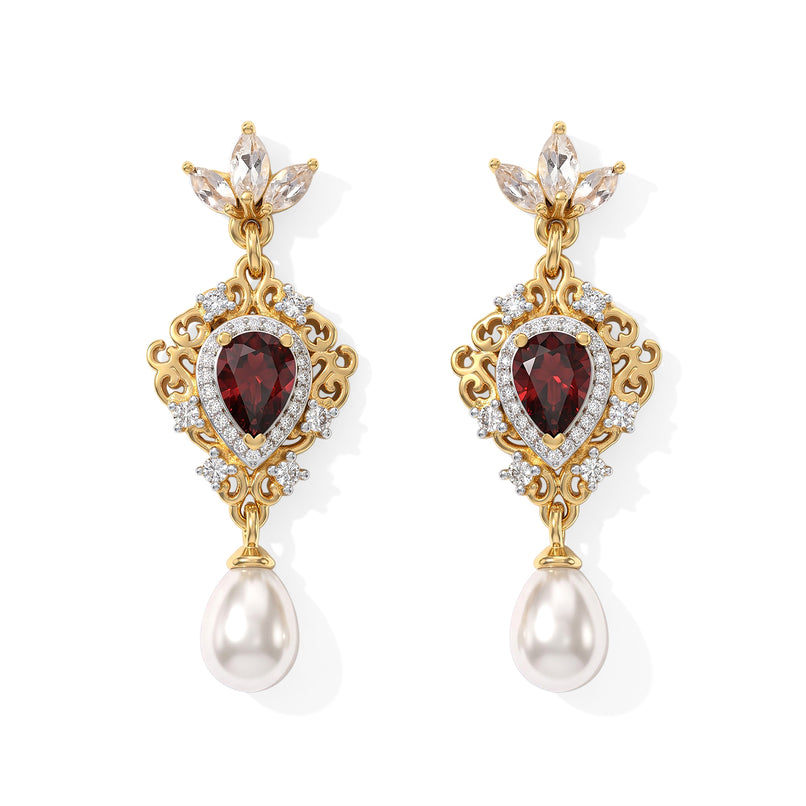 D'Joy - Fresh Water Pearl, Rhodolite Garnet & White Zircon Dangling Earring with Push Back in Yellow Gold Plated Sterling Silver 7.30 Ct._8767831