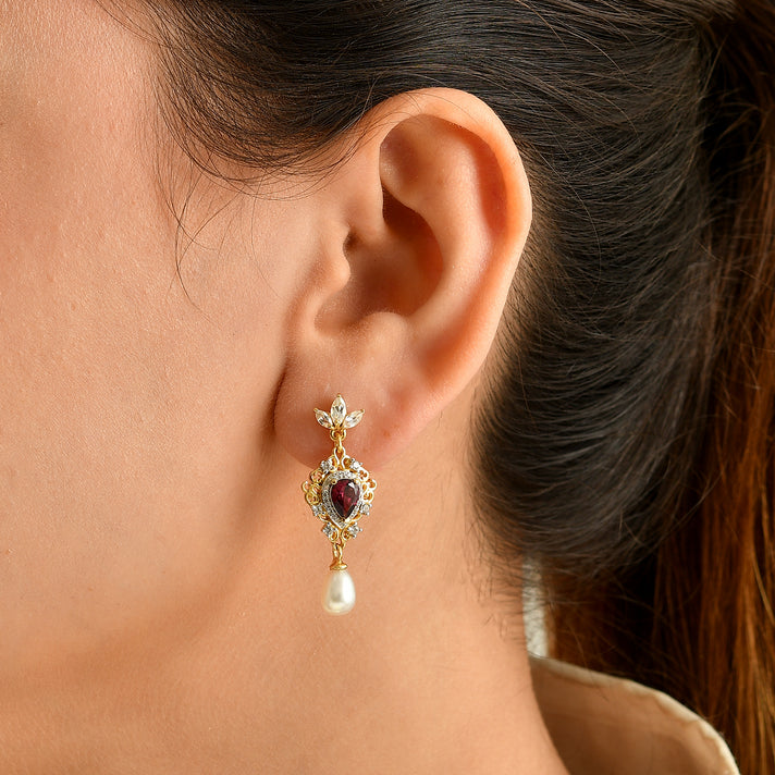 D'Joy - Fresh Water Pearl, Rhodolite Garnet &amp; White Zircon Dangling Earring with Push Back in Yellow Gold Plated Sterling Silver 7.30 Ct. 8767831 2