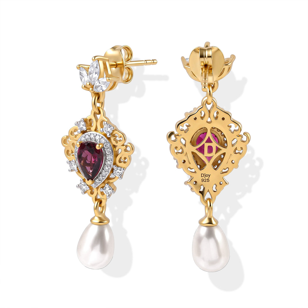 D'Joy - Fresh Water Pearl, Rhodolite Garnet & White Zircon Dangling Earring with Push Back in Yellow Gold Plated Sterling Silver 7.30 Ct._8767831_3