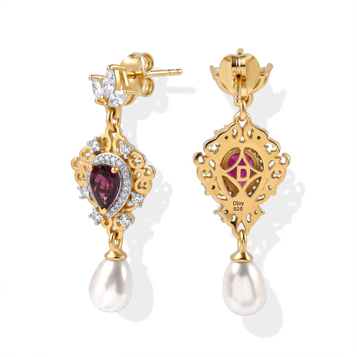 D'Joy - Fresh Water Pearl, Rhodolite Garnet &amp; White Zircon Dangling Earring with Push Back in Yellow Gold Plated Sterling Silver 7.30 Ct. 8767831 4