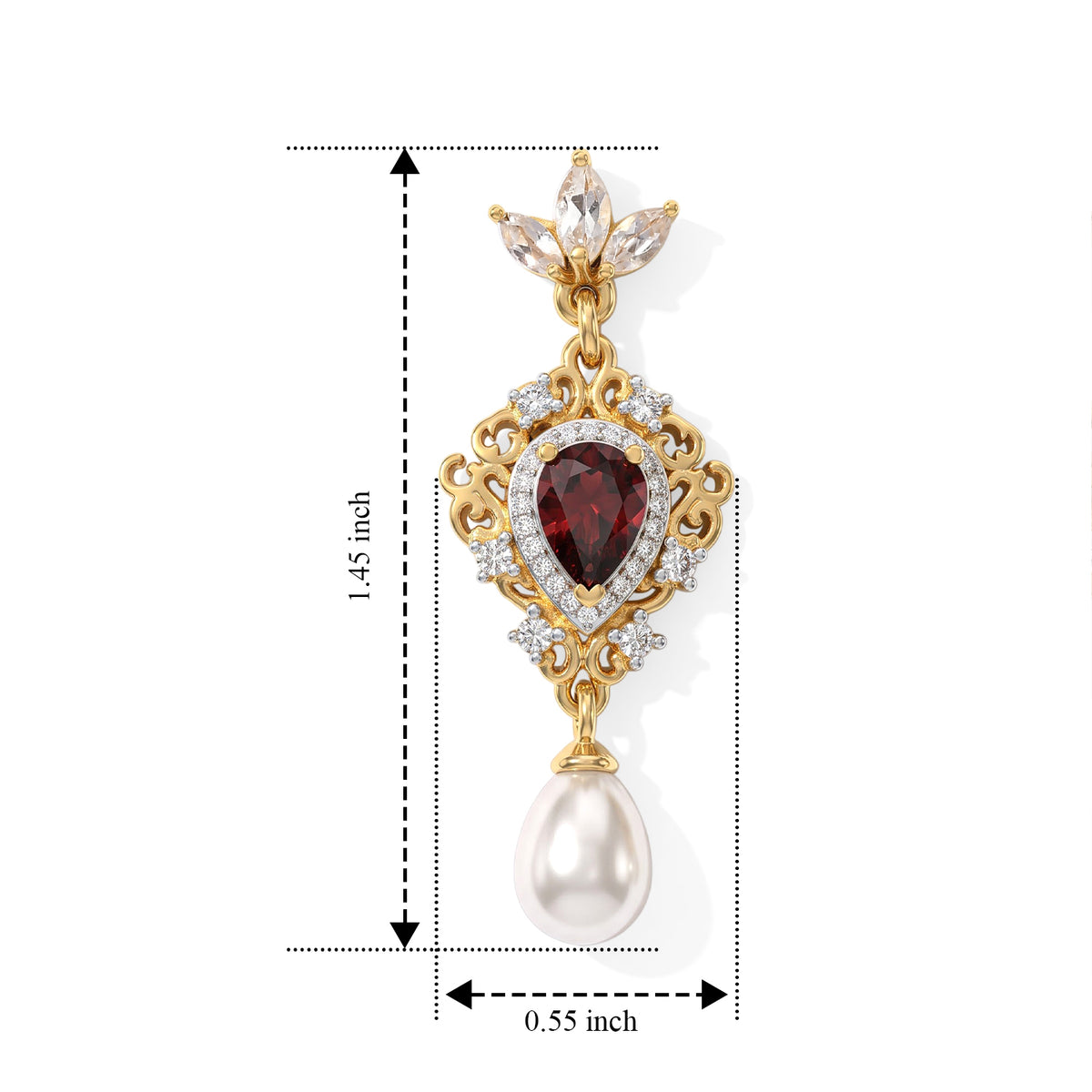 D'Joy - Fresh Water Pearl, Rhodolite Garnet &amp; White Zircon Dangling Earring with Push Back in Yellow Gold Plated Sterling Silver 7.30 Ct. 8767831 5