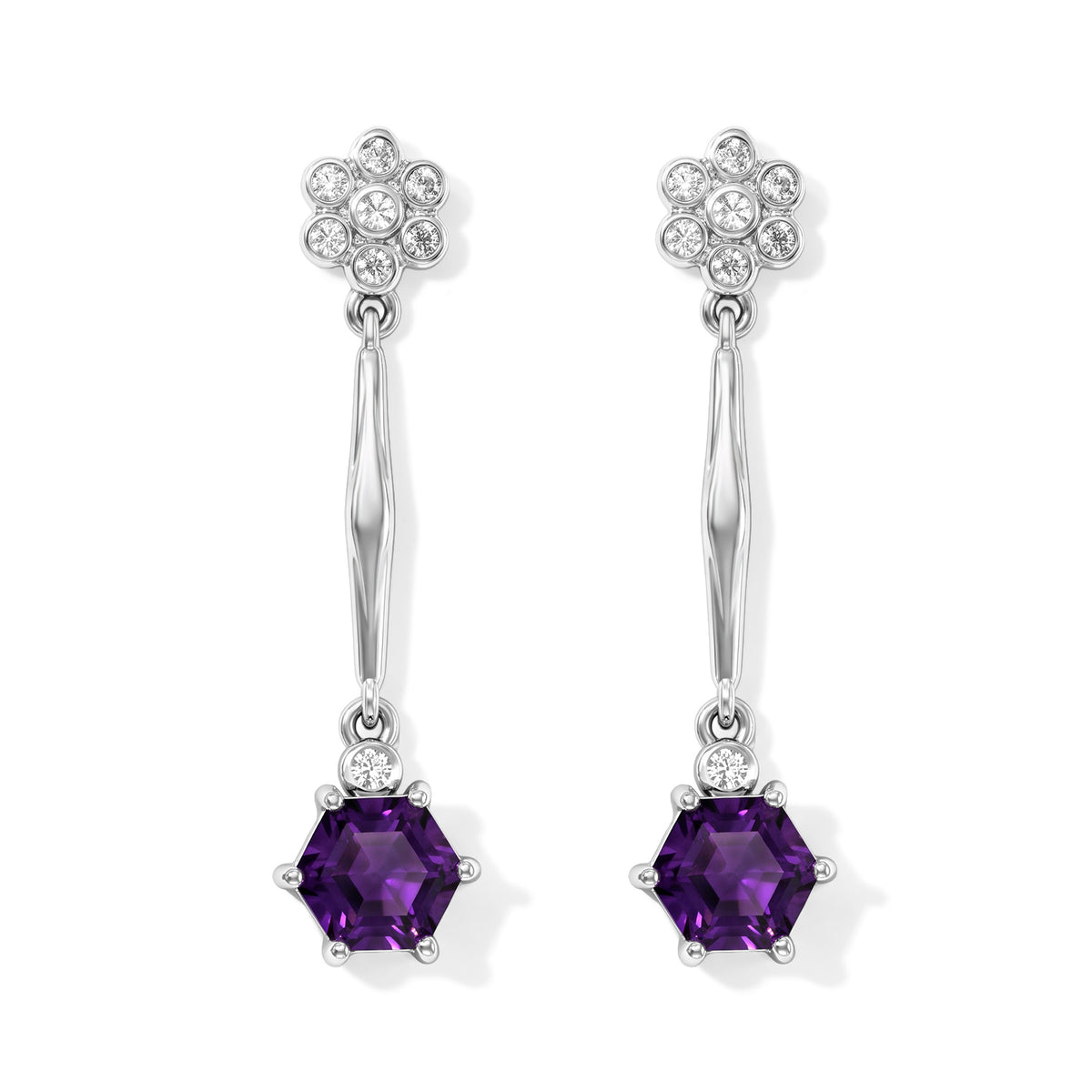 D'Joy - African Amethyst &amp; White Zircon Dangling Earring with Push Back in Platinum Overlay Sterling Silver 2.23 Ct. 8767912 0