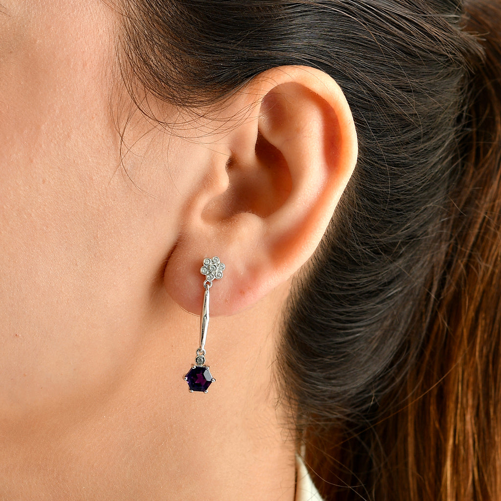D'Joy - African Amethyst & White Zircon Dangling Earring with Push Back in Platinum Overlay Sterling Silver 2.23 Ct._8767912_2