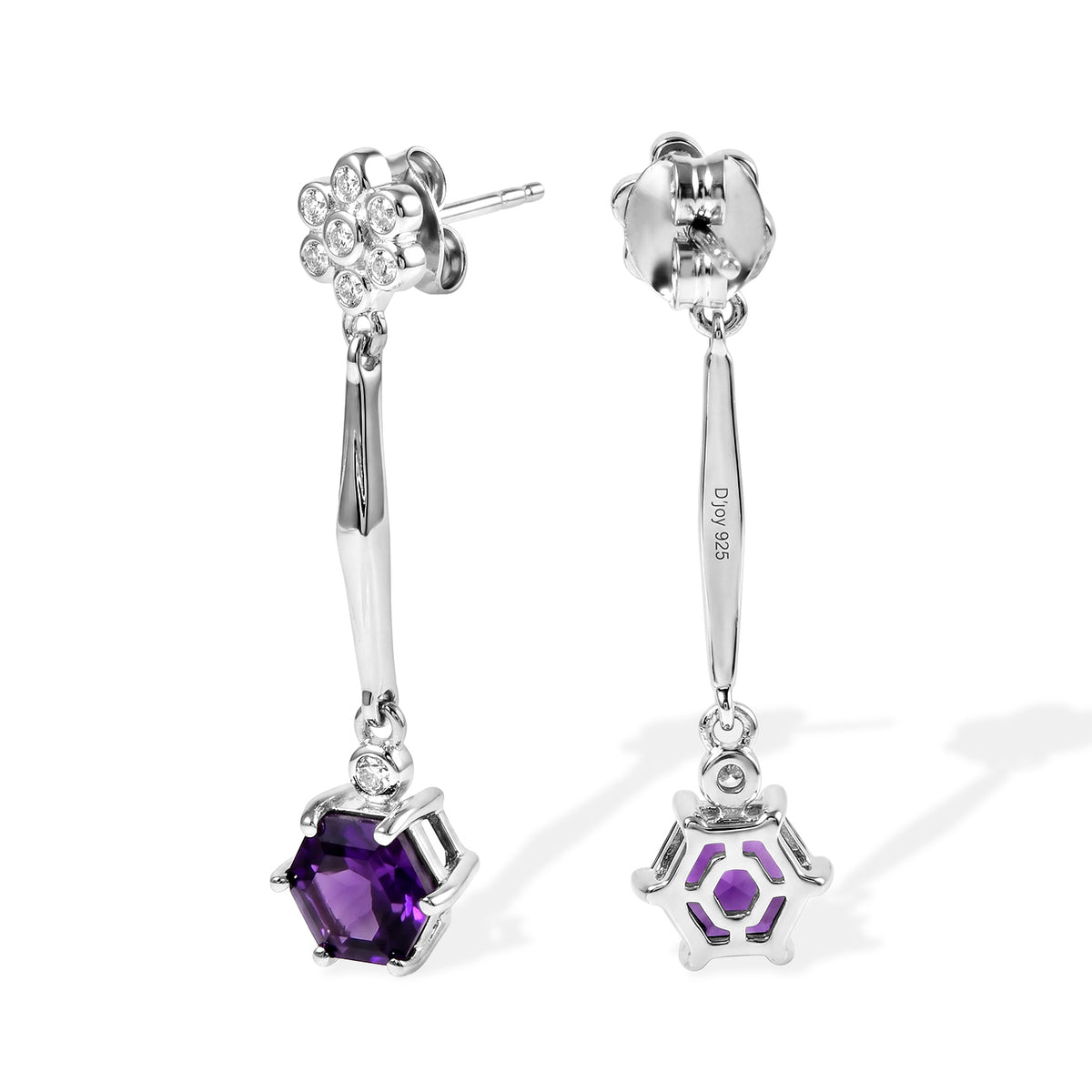 D'Joy - African Amethyst &amp; White Zircon Dangling Earring with Push Back in Platinum Overlay Sterling Silver 2.23 Ct. 8767912 3