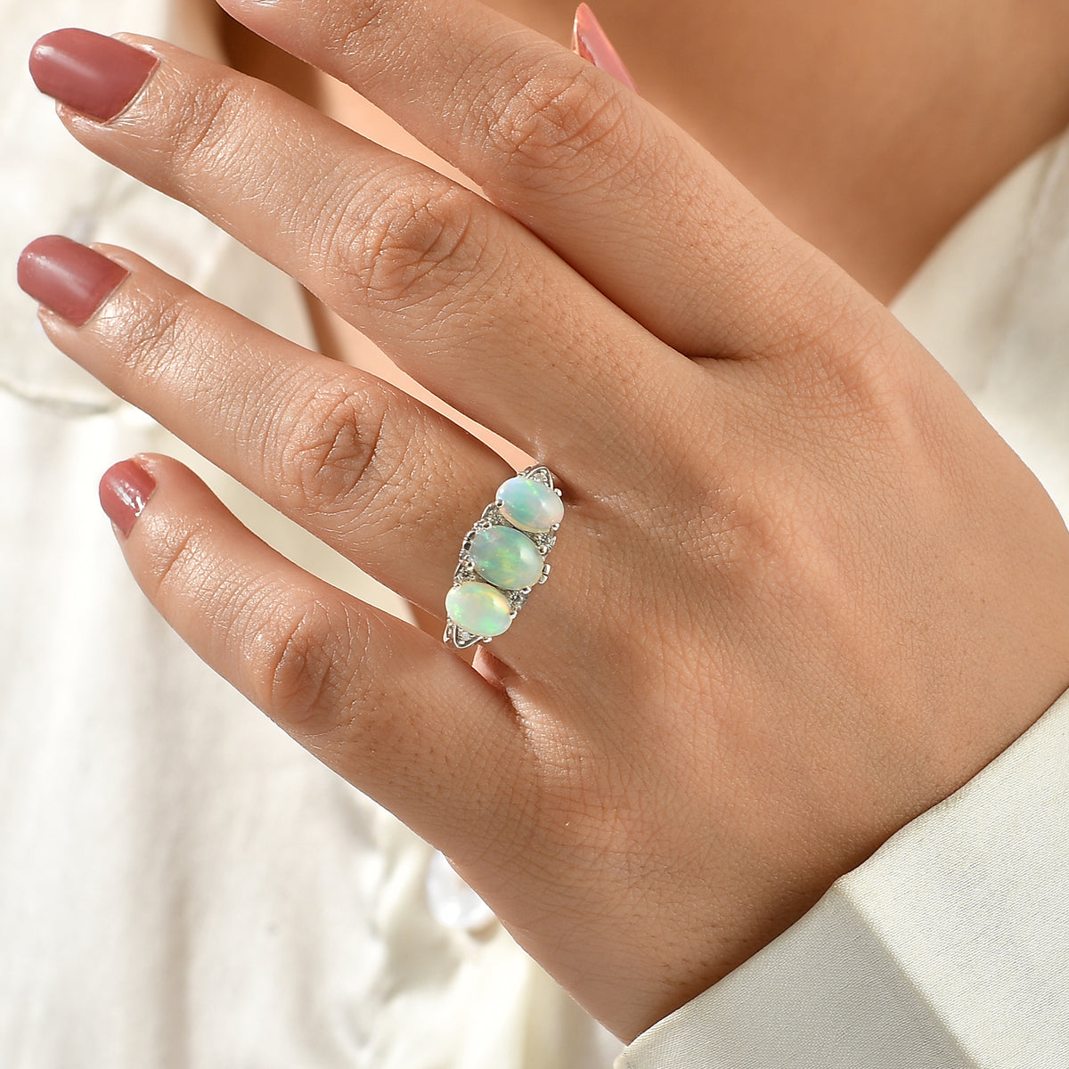 D'Joy - AAA Ethiopian Opal &amp; Moissanite Ring in Rhodium Overlay Sterling Silver 1.90 Ct. 8768619 2