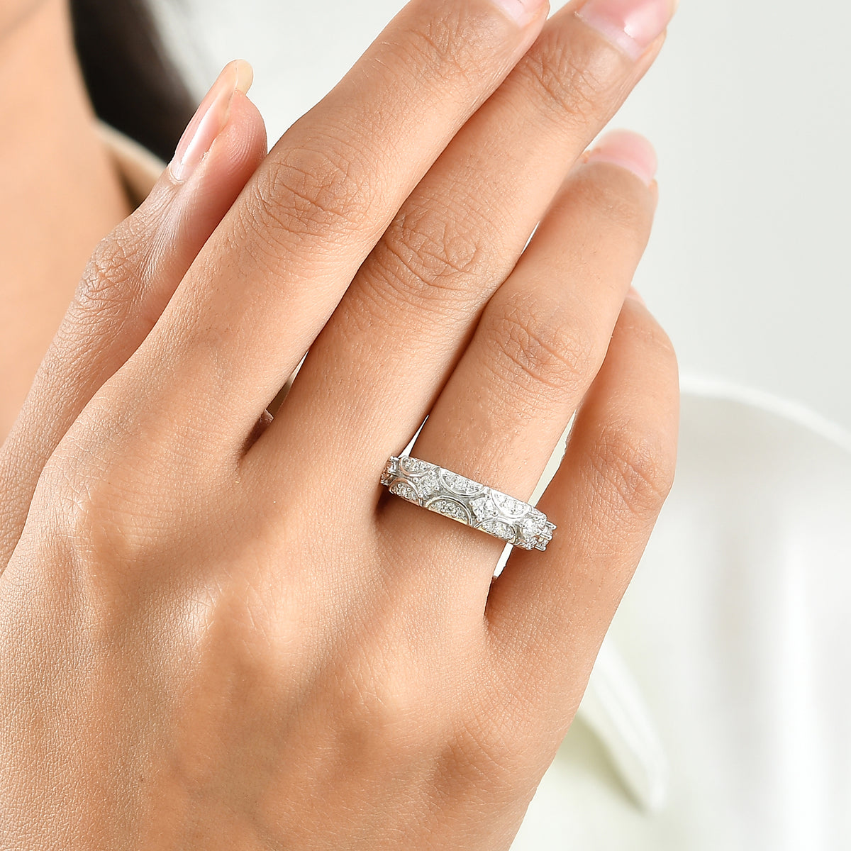 D'Joy - Moissanite Half Eternity Band Ring in Rhodium Overlay Sterling Silver 8768738 1