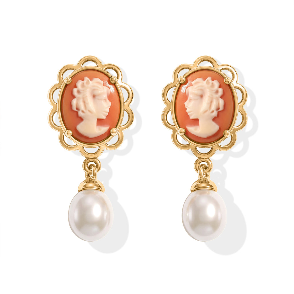 D'Joy - Cameo & Fresh Water Pearl Dangling Earring with Push Back in Yellow Gold Plated Sterling Silver 7.15 Ct._8768914