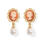 D'Joy - Cameo & Fresh Water Pearl Dangling Earring with Push Back in Yellow Gold Plated Sterling Silver 7.15 Ct._8768914