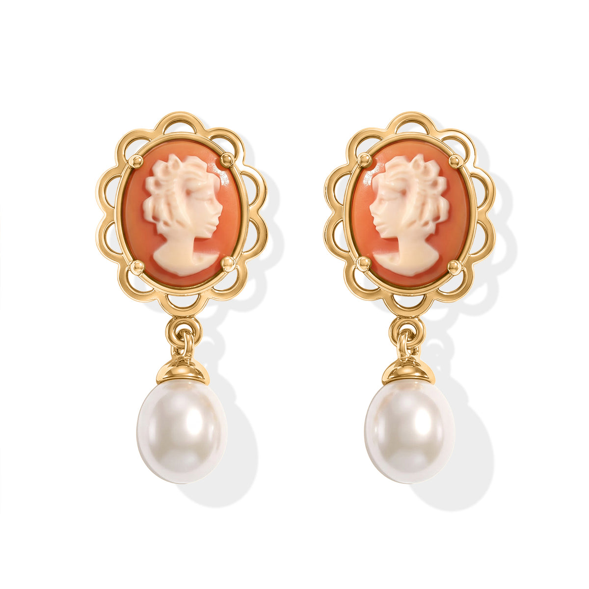 D'Joy - Cameo &amp; Fresh Water Pearl Dangling Earring with Push Back in Yellow Gold Plated Sterling Silver 7.15 Ct. 8768914 0