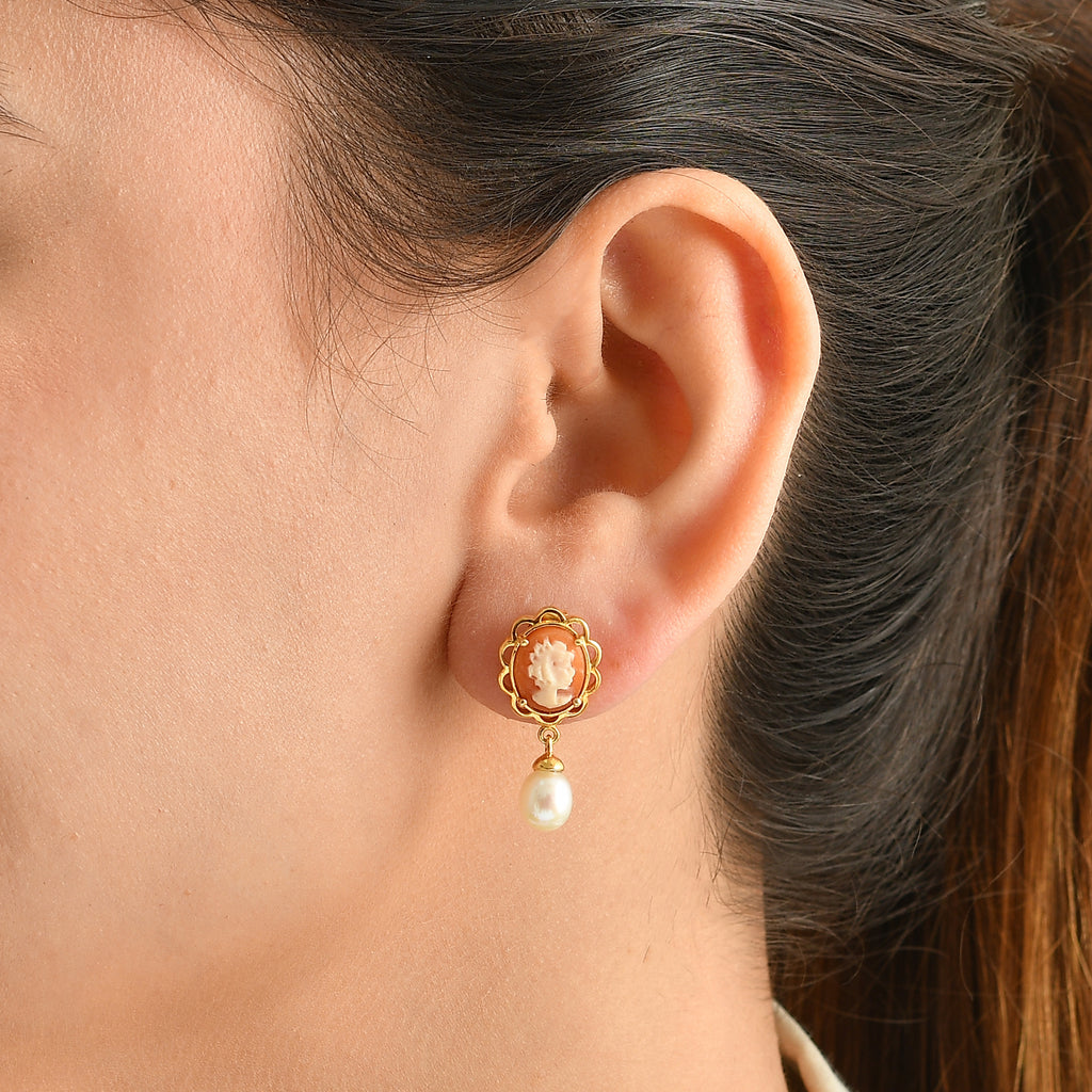 D'Joy - Cameo & Fresh Water Pearl Dangling Earring with Push Back in Yellow Gold Plated Sterling Silver 7.15 Ct._8768914_1