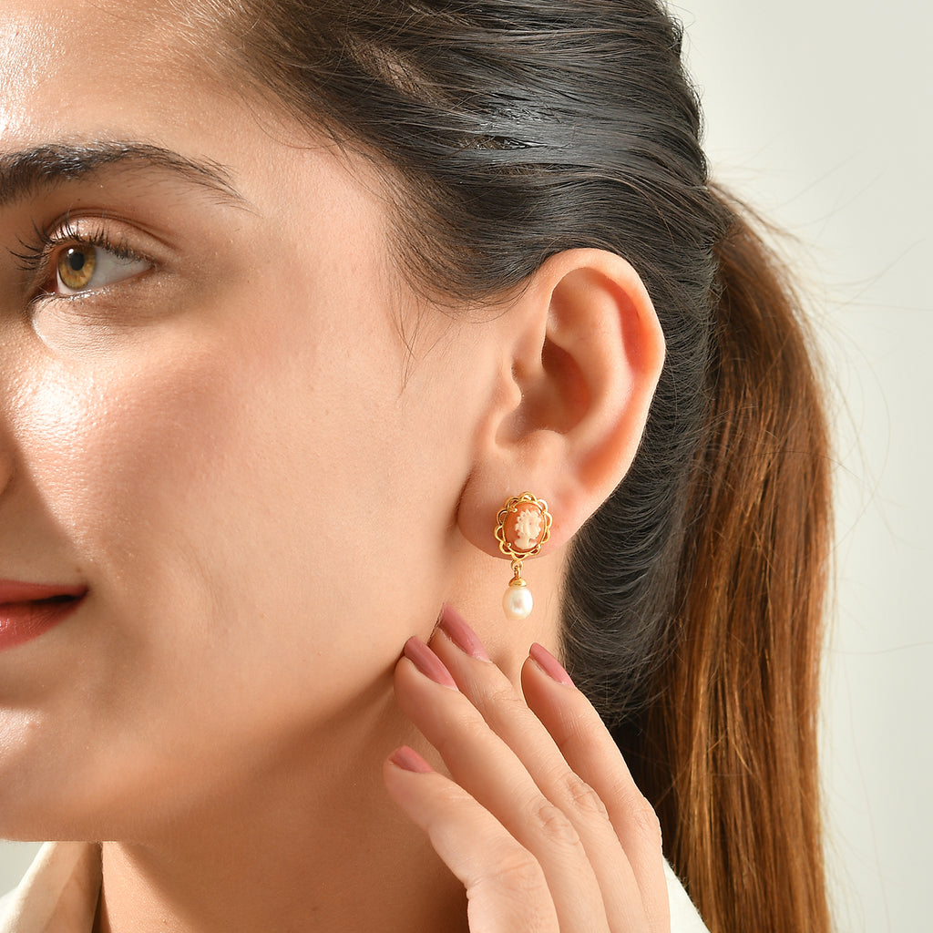 D'Joy - Cameo & Fresh Water Pearl Dangling Earring with Push Back in Yellow Gold Plated Sterling Silver 7.15 Ct._8768914_2