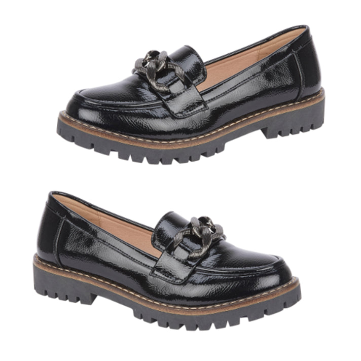 Adeline Chain Detail Chunky Cleated Sole Slip-On Trendy Loafers (Size 4) - Black Crinkle 8769441 1