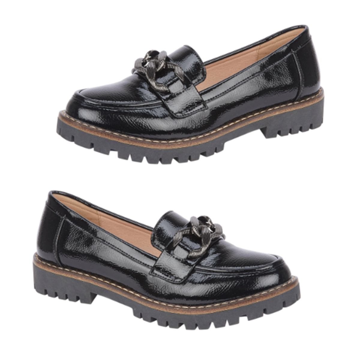 Adeline Chain Detail Chunky Cleated Sole Slip-On Trendy Loafers (Size 8) - Black Crinkle 8769445 0