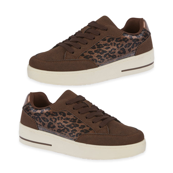 Boheme Womens Leopard Print Casual Lace-Up Trainers (Size - 4) - Chocolate 8769901 1