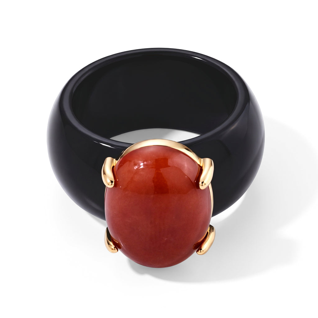 D'Joy - Dyed Red Jade & Dyed Black Jade Solitaire Ring in Yellow Gold Plated Sterling Silver 43.50 Ct._8770457