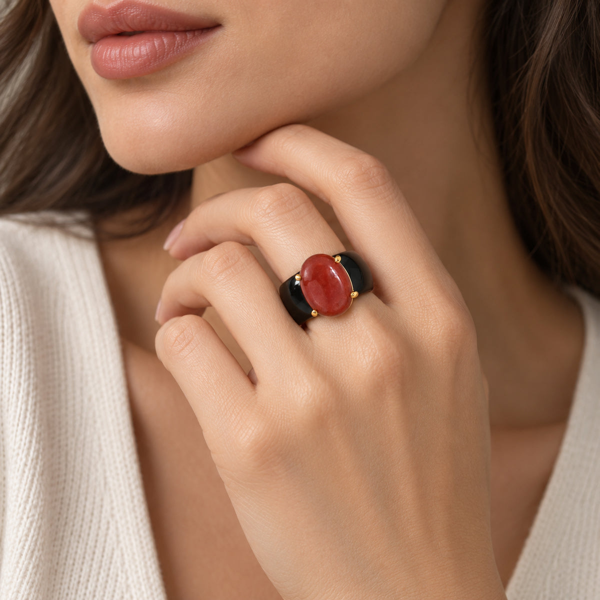 D'Joy - Dyed Red Jade &amp; Dyed Black Jade Solitaire Ring in Yellow Gold Plated Sterling Silver 43.50 Ct. 8770457 1