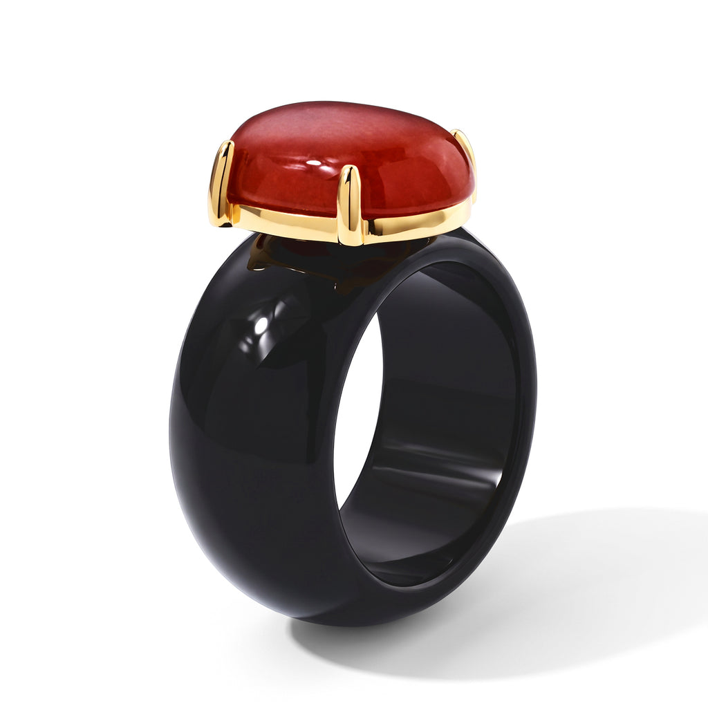 D'Joy - Dyed Red Jade & Dyed Black Jade Solitaire Ring in Yellow Gold Plated Sterling Silver 43.50 Ct._8770457_3