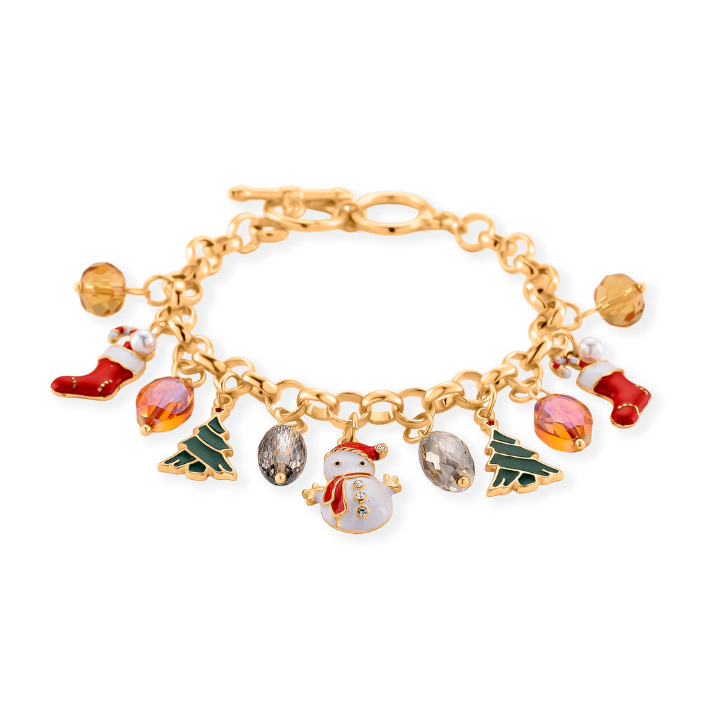 White Cryst, Plastic Pearl & Multi Glass Christmas Charm Bracelet (Size - 7.5+1 Ext)_8770535