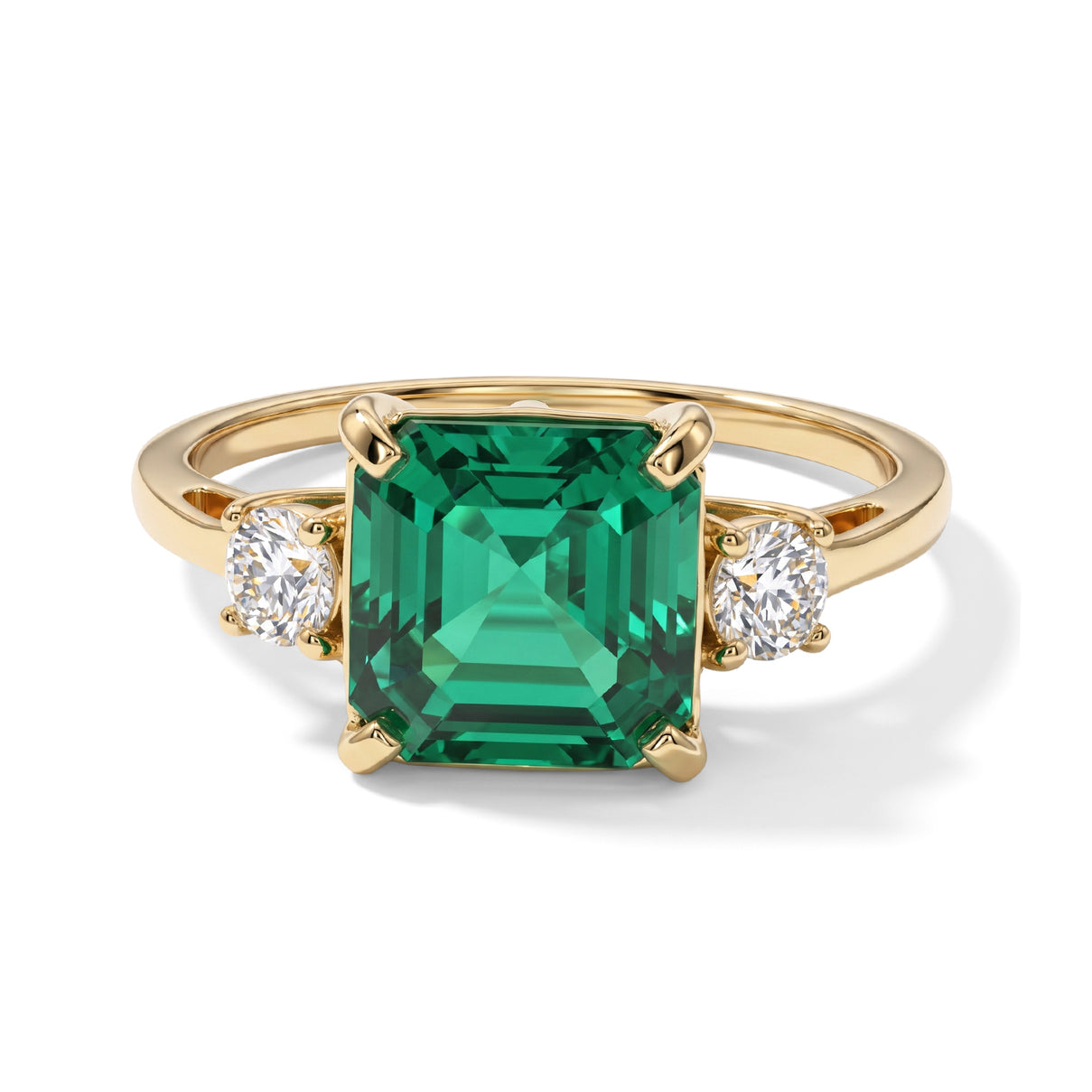 Luxuriant - 9K Yellow Gold AAA Lab Grown Columbian Emerald &amp; Lab Grown Diamond (SI) Trilogy Ring 4.60 Ct. 8770587 0