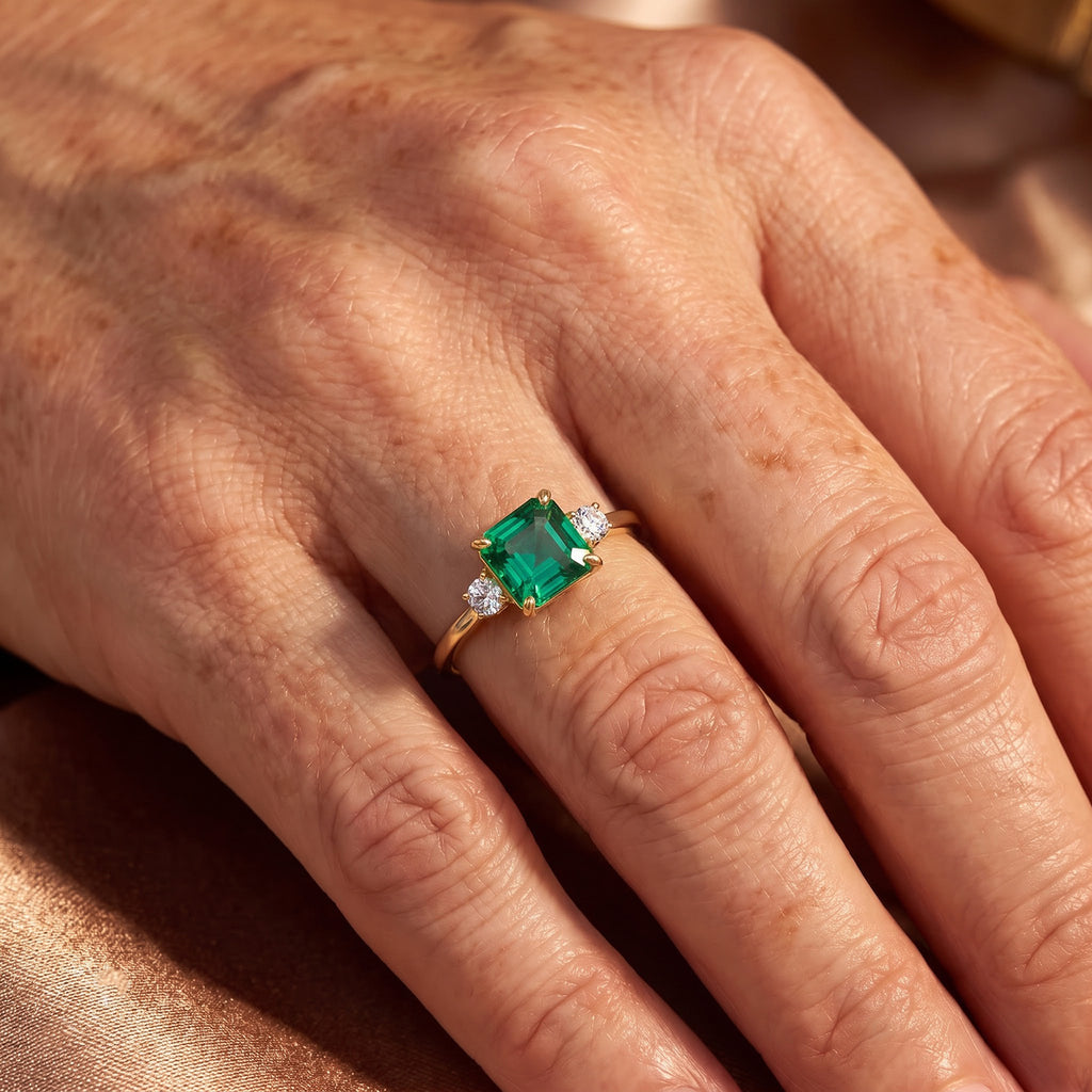Luxuriant - 9K Yellow Gold AAA Lab Grown Columbian Emerald & Lab Grown Diamond (SI) Trilogy Ring 4.60 Ct._8770587_1