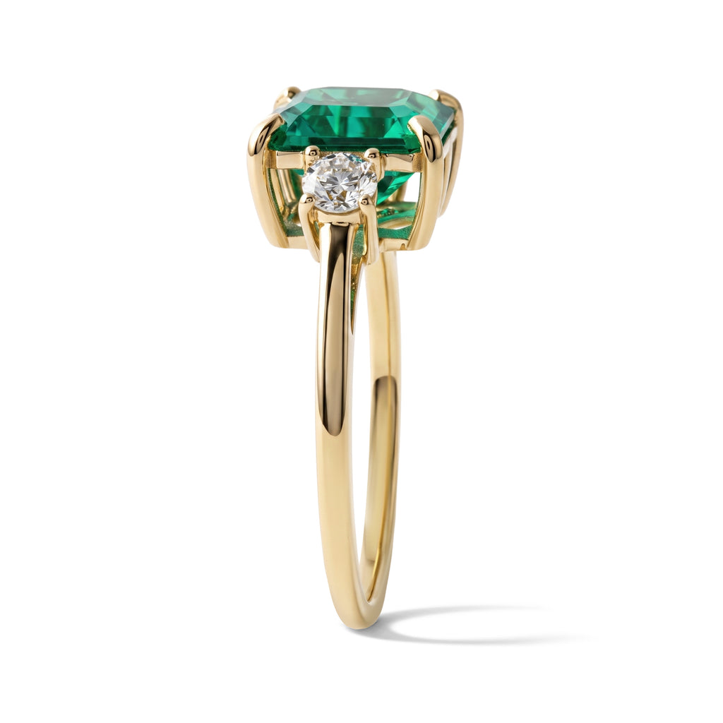 Luxuriant - 9K Yellow Gold AAA Lab Grown Columbian Emerald & Lab Grown Diamond (SI) Trilogy Ring 4.60 Ct._8770587_3