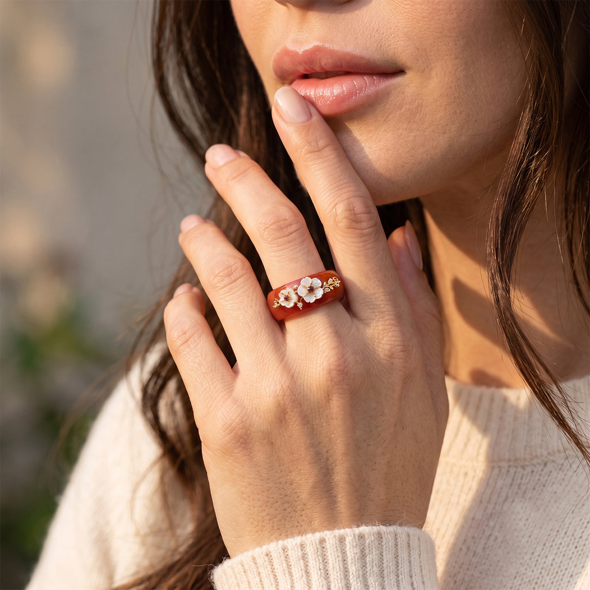 D'Joy - Dyed Red Jade, Red Garnet, White Zircon &amp; White Mother Of Pearl Floral Ring in Yellow Gold Plated Sterling Silver 35.40 Ct. 8770620 1