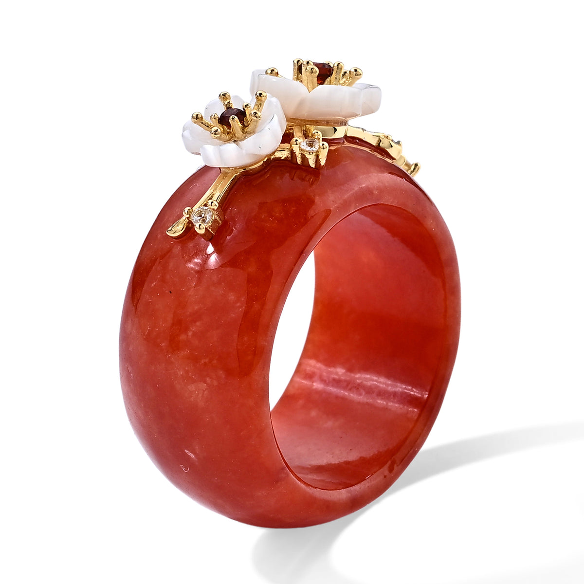 D'Joy - Dyed Red Jade, Red Garnet, White Zircon &amp; White Mother Of Pearl Floral Ring in Yellow Gold Plated Sterling Silver 35.40 Ct. 8770620 2
