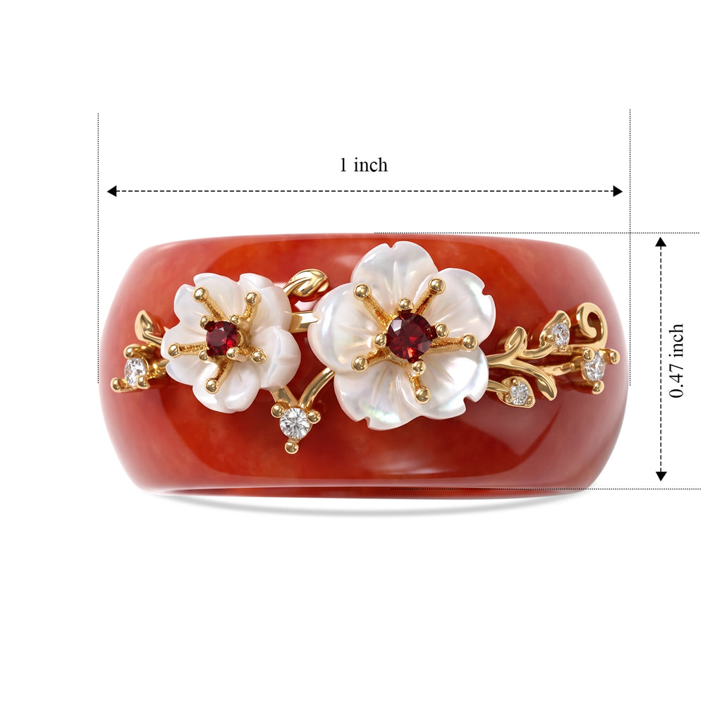 D'Joy - Dyed Red Jade, Red Garnet, White Zircon & White Mother Of Pearl Floral Ring in Yellow Gold Plated Sterling Silver 35.40 Ct._8770620_3