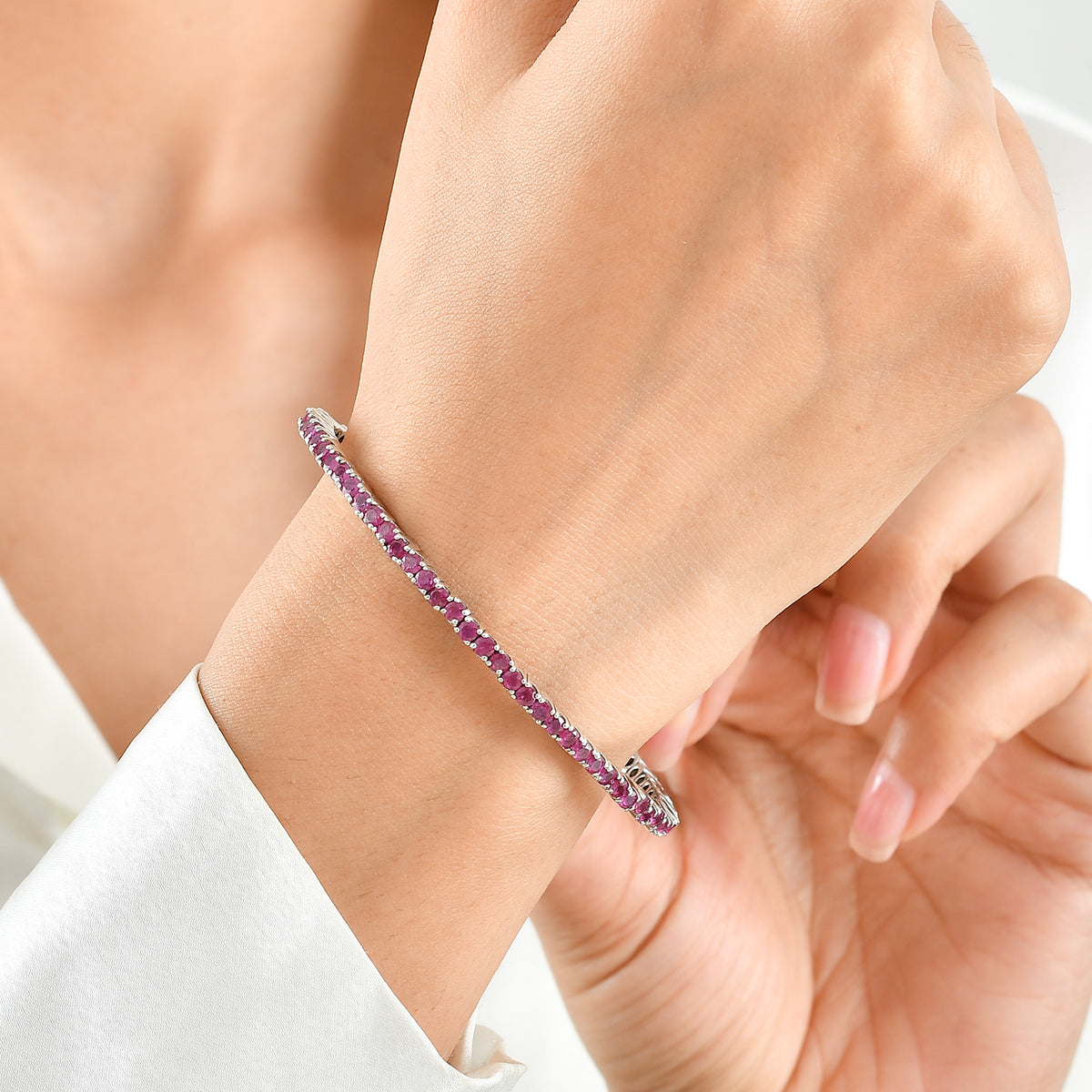 D'Joy - AAA African Ruby Full Bangle (Size - 7.5) in Rhodium Overlay Sterling Silver 7.05 Ct, Silver Wt.13.00 Gms 8770937 1