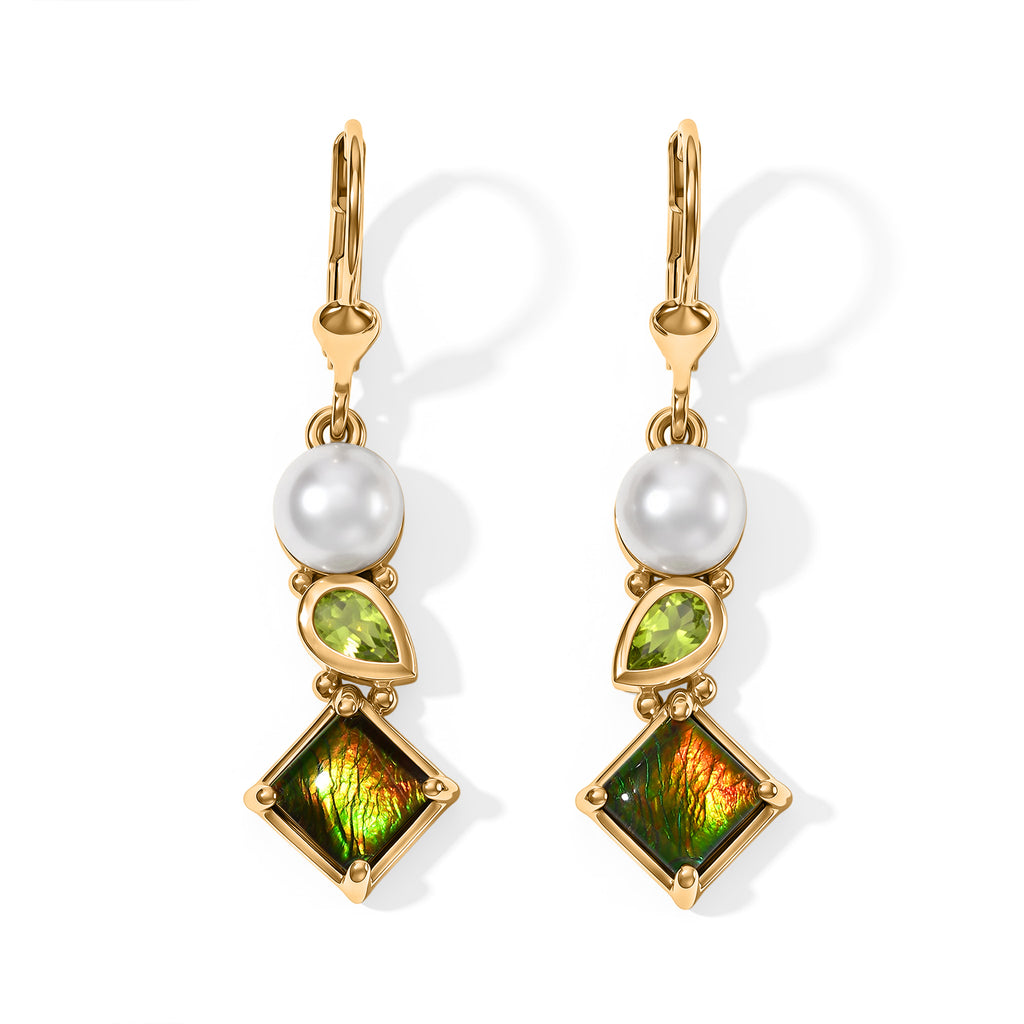 D'Joy - Ammolite, Peridot & Pearl Earring with Lever Back in 18K Vermeil Yellow Gold Plated Sterling Silver 3.74 Ct._8770949