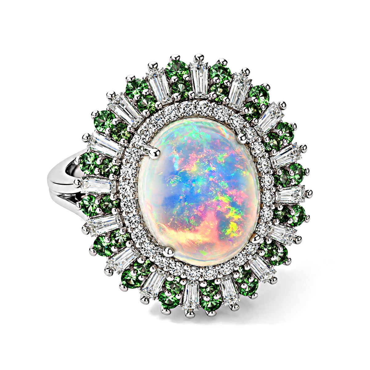 D'joy Ethiopian Opal, Tsavorite Garnet, Moissanite Main Stone With Surrounding Stone Ring in Rhodium OverlaySterling Silver  5.167  Ct. 8772501 0