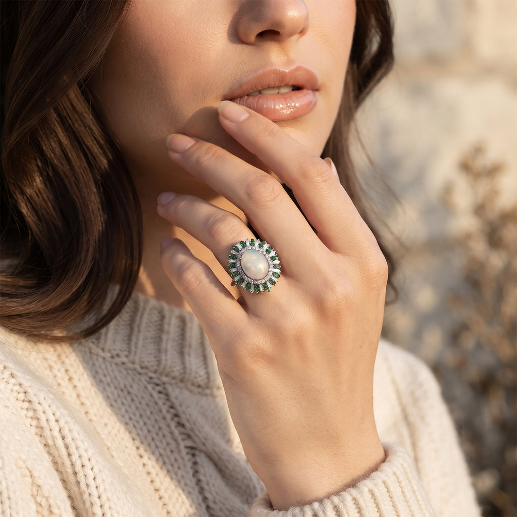 D'joy Ethiopian Opal, Tsavorite Garnet, Moissanite Main Stone With Surrounding Stone Ring in Rhodium OverlaySterling Silver  5.167  Ct._8772501_1