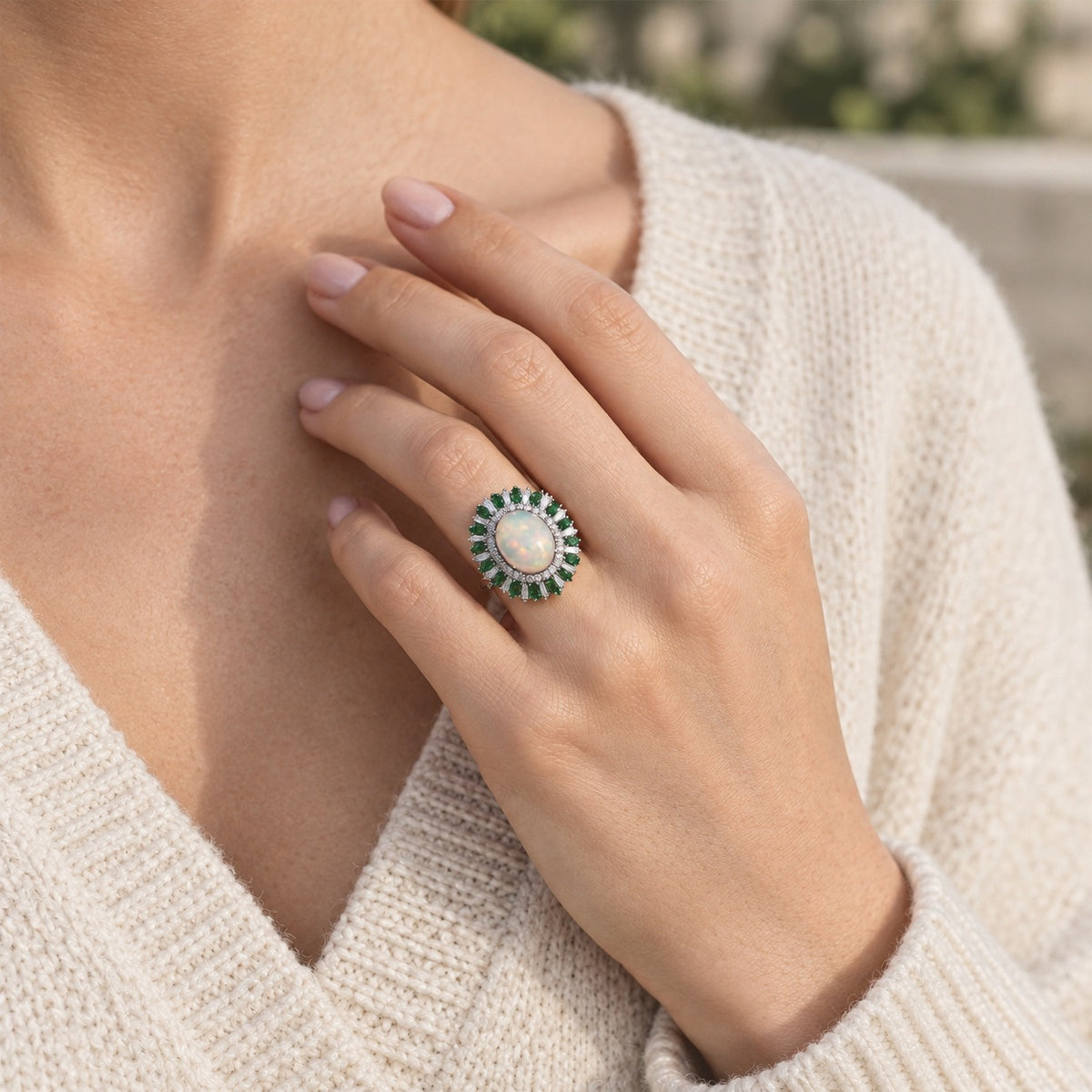 D'joy Ethiopian Opal, Tsavorite Garnet, Moissanite Main Stone With Surrounding Stone Ring in Rhodium OverlaySterling Silver  5.167  Ct. 8772501 2