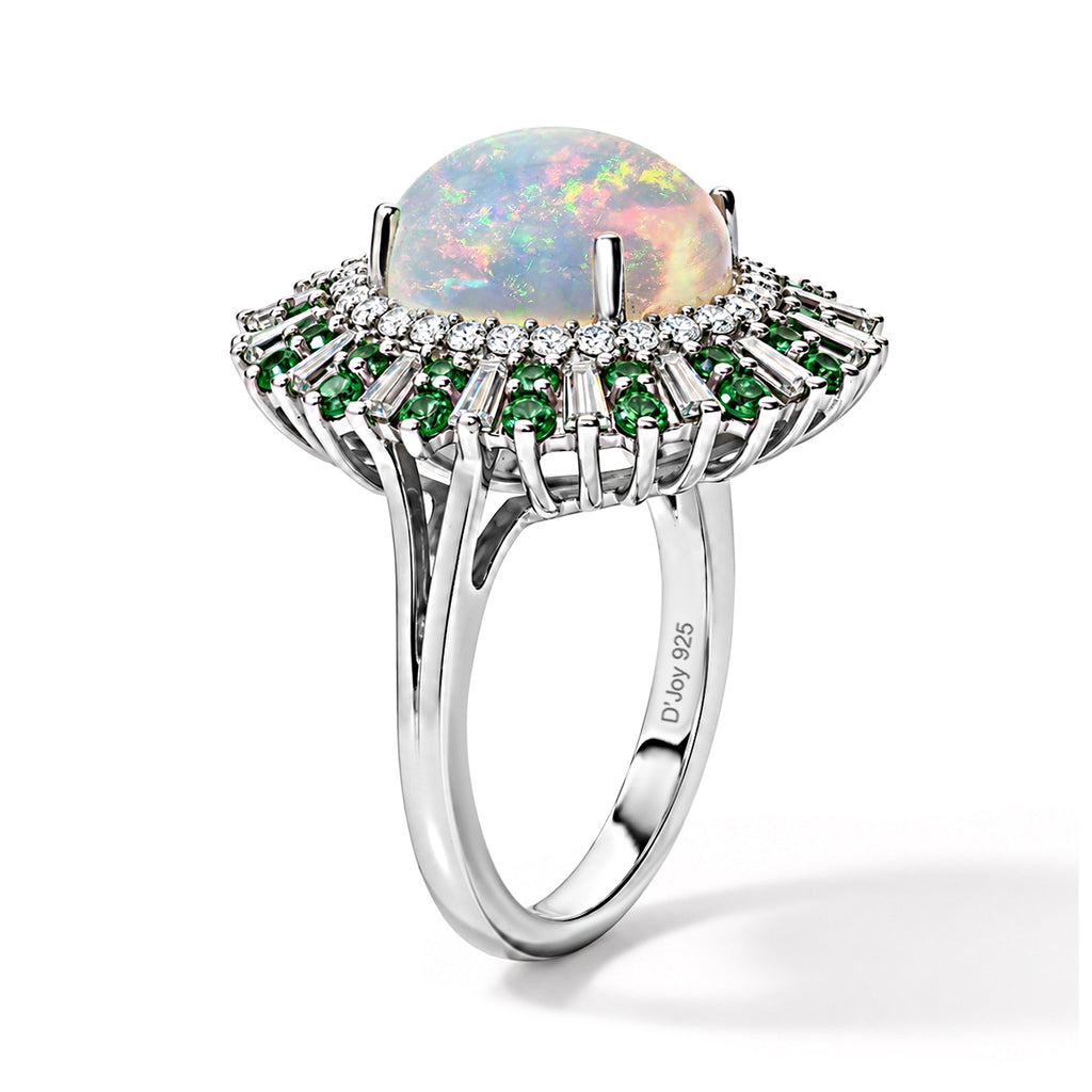 D'joy Ethiopian Opal, Tsavorite Garnet, Moissanite Main Stone With Surrounding Stone Ring in Rhodium OverlaySterling Silver  5.167  Ct._8772501_3