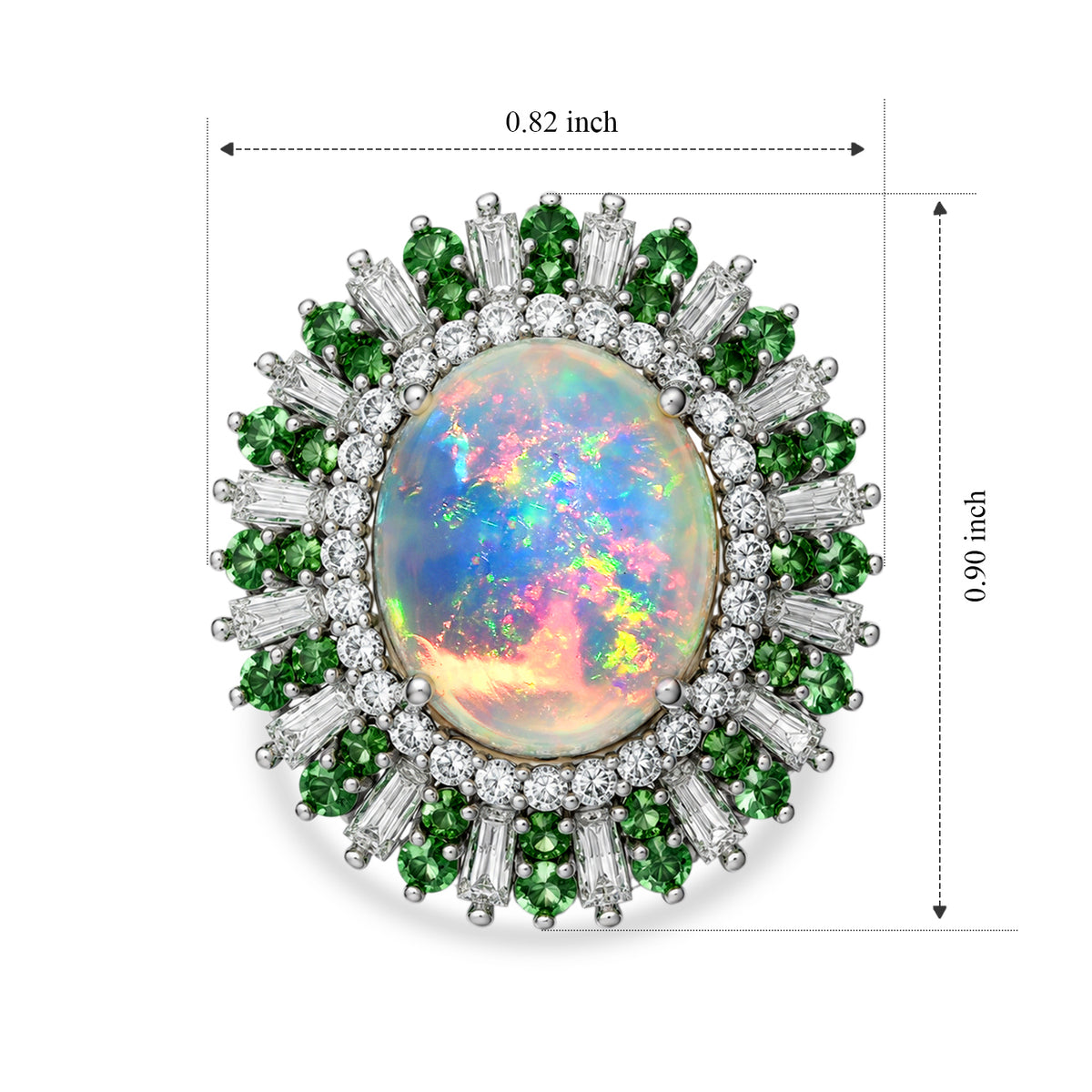 D'joy Ethiopian Opal, Tsavorite Garnet, Moissanite Main Stone With Surrounding Stone Ring in Rhodium OverlaySterling Silver  5.167  Ct. 8772501 5