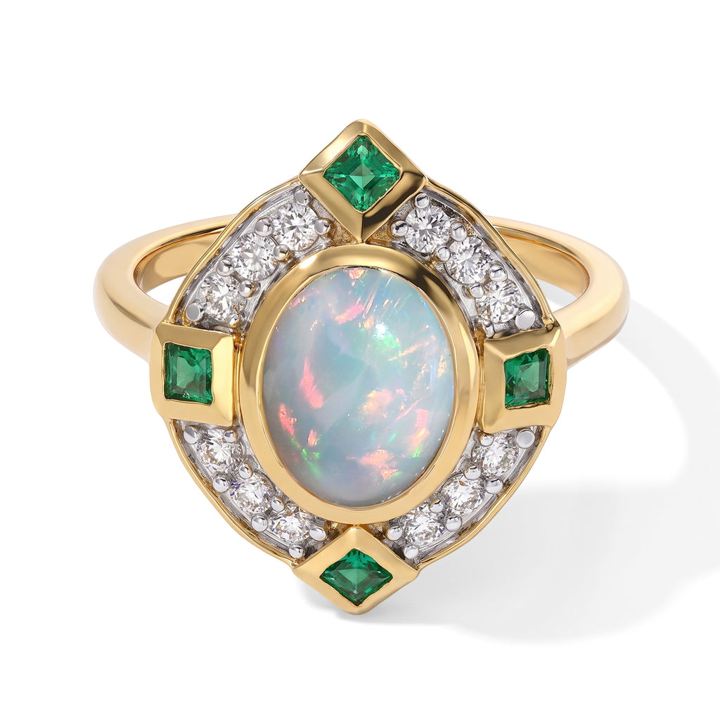 D'Joy - AAA Ethiopian Opal, White Zircon & Zambian Emerald Halo Ring in Yellow Gold Plated Sterling Silver 1.95 Ct._8772838