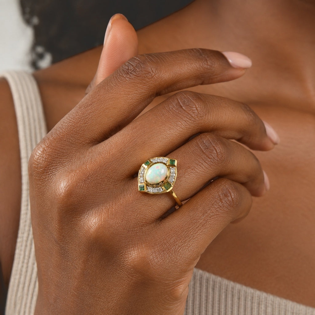 D'Joy - AAA Ethiopian Opal, White Zircon & Zambian Emerald Halo Ring in Yellow Gold Plated Sterling Silver 1.95 Ct._8772838_1