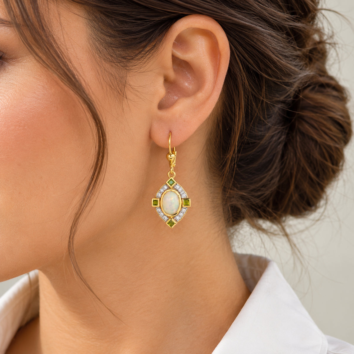 D'joy Ethiopian Opal, White Zircon, Zambian Emerald Solitaire Lever Back Earring Sterling Silver  2.576  Ct. 8772878 1