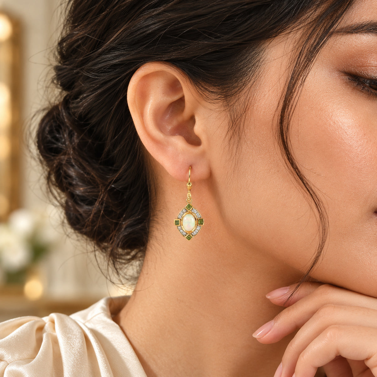 D'joy Ethiopian Opal, White Zircon, Zambian Emerald Solitaire Lever Back Earring Sterling Silver  2.576  Ct. 8772878 2
